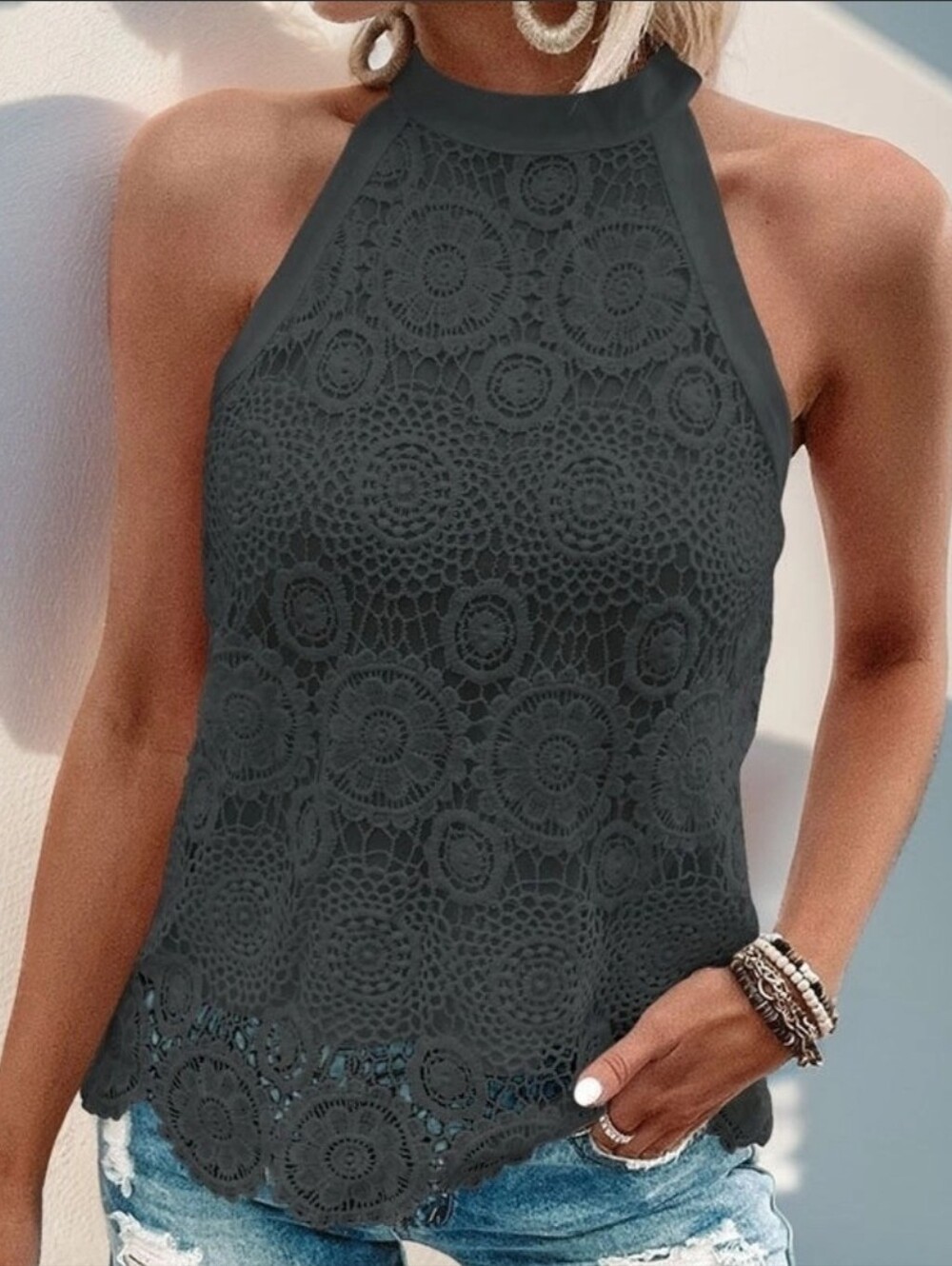 INC International Concepts Women's Lace Halter Peplum Top Navy SZ PL